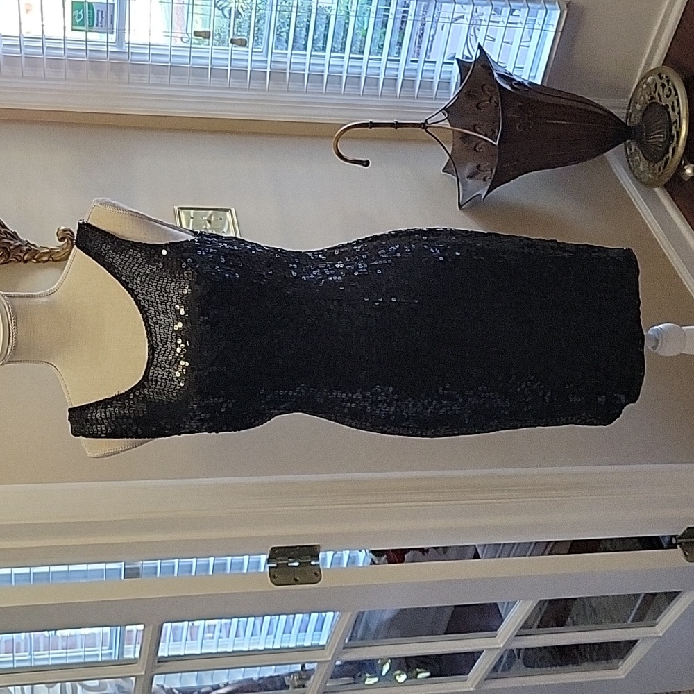 Together black 100% silk sequin dress sleeveless fully lined plunge back 10 New